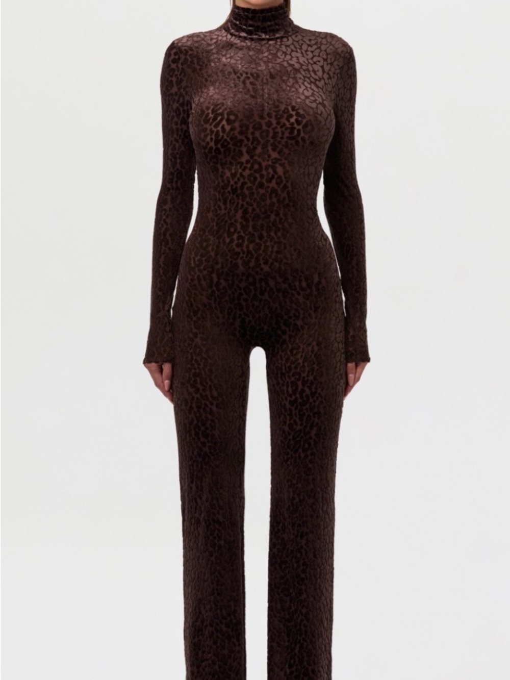 naked wardrobe Dark Brown Leopard-Print Turtleneck Jumpsuit